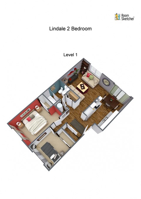 A 3D floor plan of a two bedroom apartment.